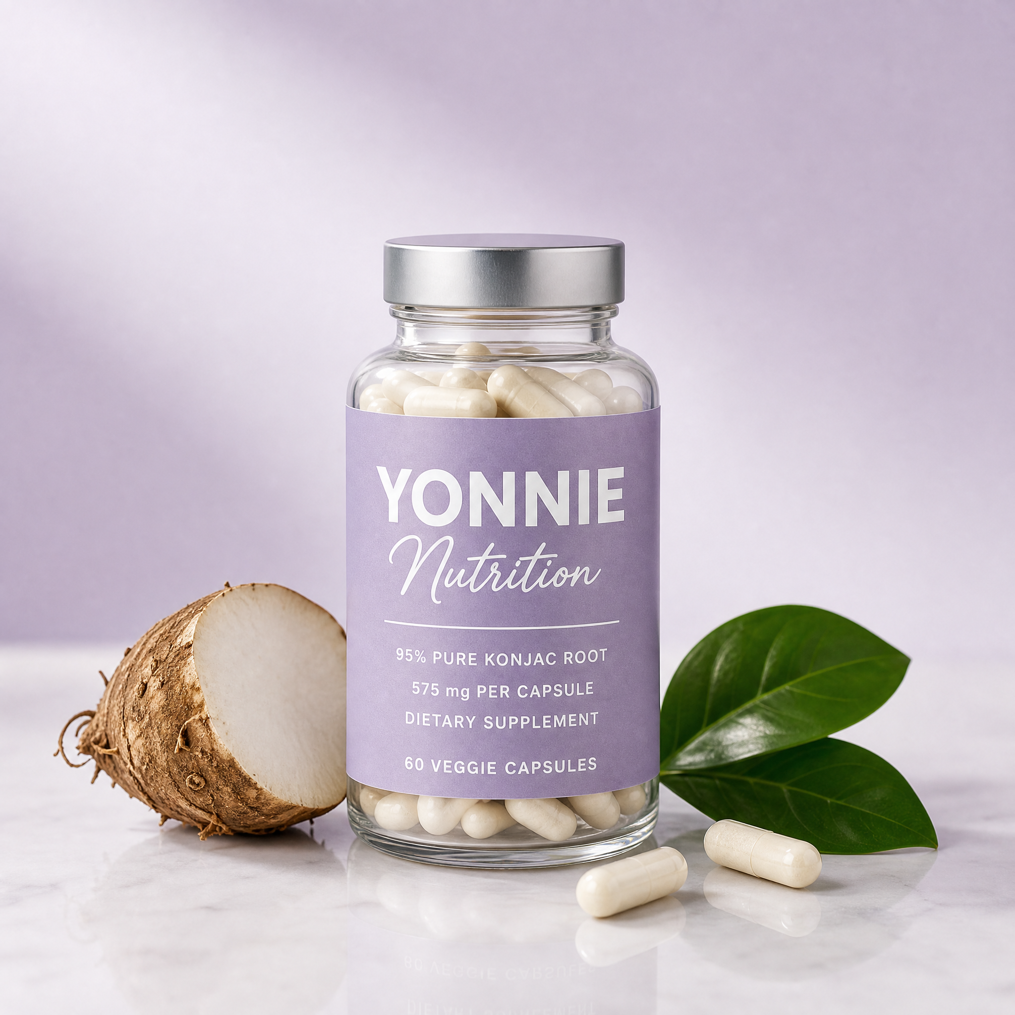 Yonnie Glucomannan bottle, 95% pure konjac root, 60 veggie capsules
